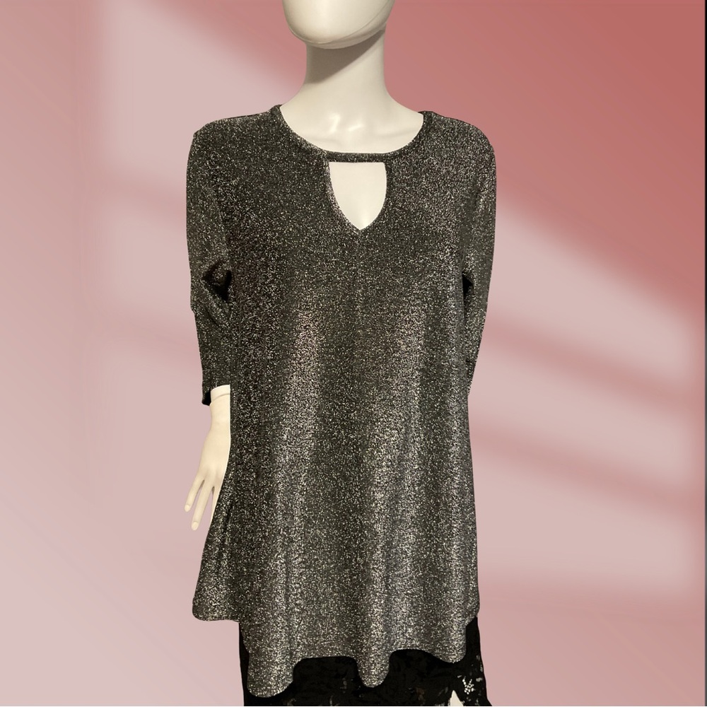Jessica London Womens 14/16 Black Silver Metallic Sparkle Flare Hem Blouse Top - Picture 1 of 5